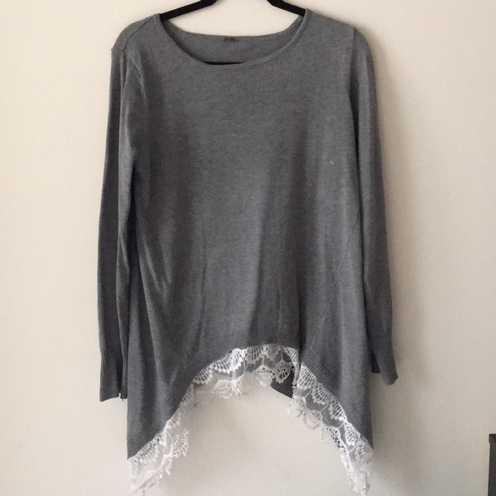 Gray sweater with lace trim